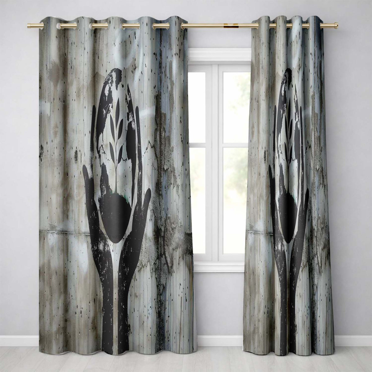 Hands Holding Earth Growing Plant Eco Stencil Art Distinctive Artistic Home Decor Readymade Eyelet Ring Top Thermal 100% Blackout Curtains