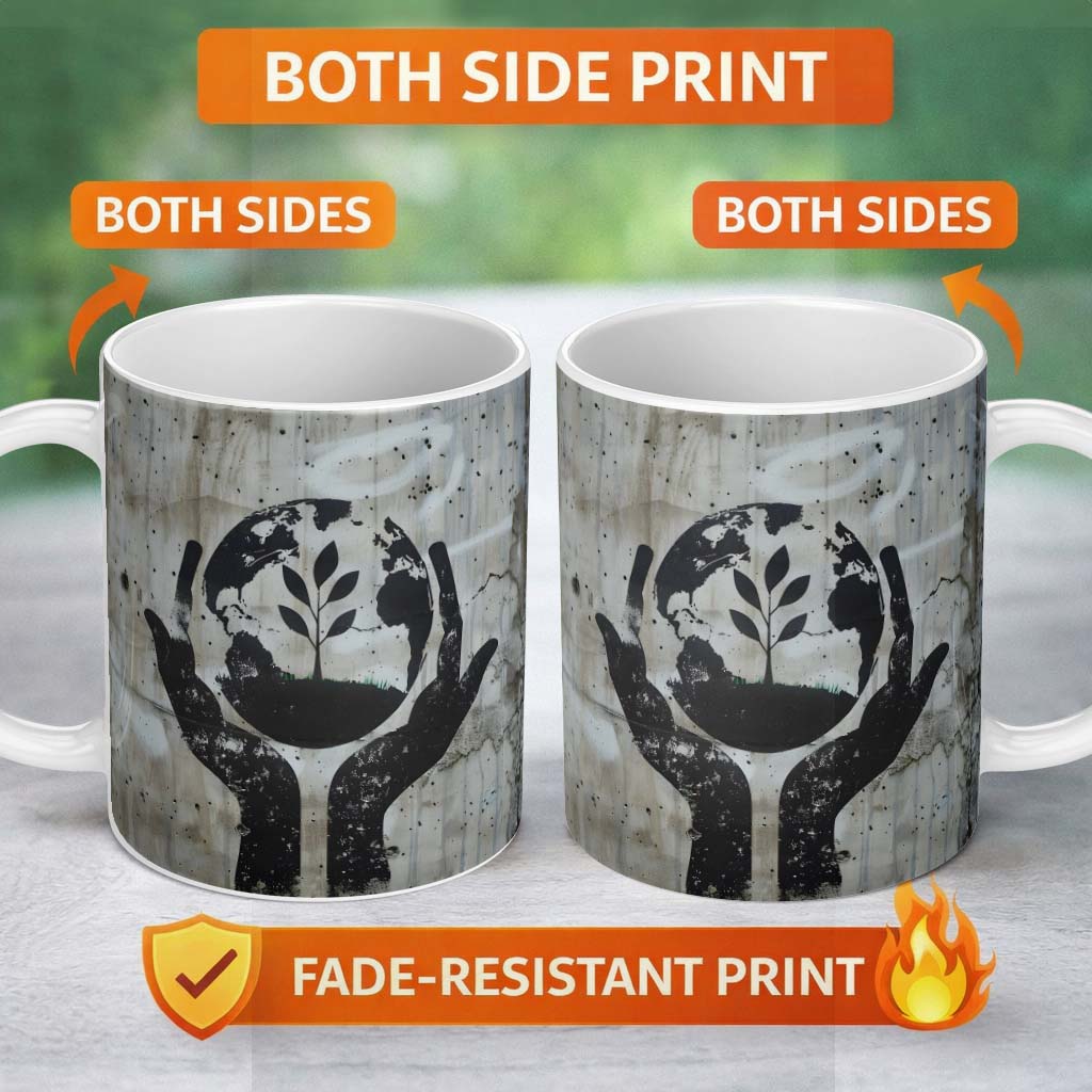 Hands Holding Earth Growing Plant Eco Stencil Art 11oz Ceramic Coffee Tea Mug White Large Handle