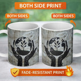 Hands Holding Earth Growing Plant Eco Stencil Art 11oz Ceramic Coffee Tea Mug White Large Handle