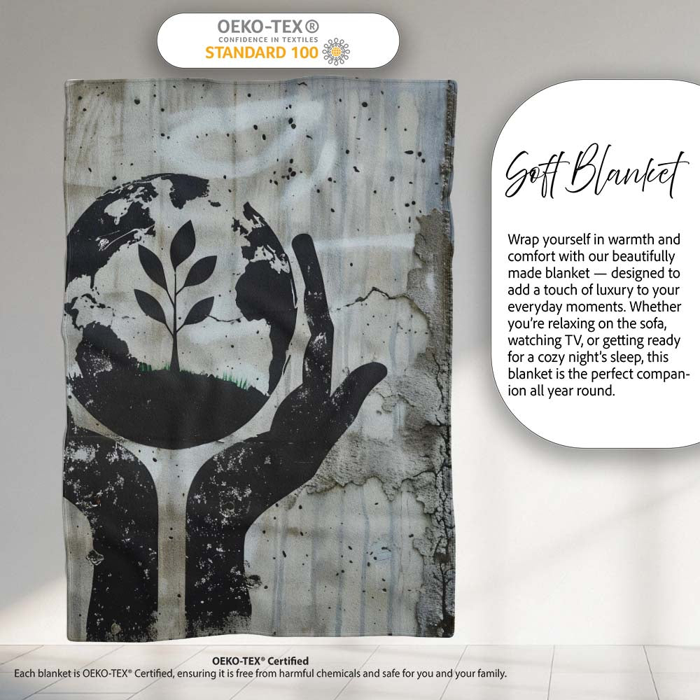 Hands Holding Earth Growing Plant Eco Stencil Art, All Season Comfort, Comfortable Everyday Use - Super Soft Fleece Blanket Bed Sofa Throw