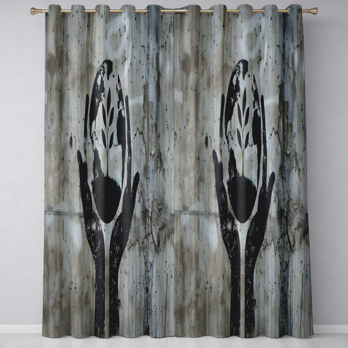 Hands Holding Earth Growing Plant Eco Stencil Art Distinctive Artistic Home Decor Readymade Eyelet Ring Top Thermal 100% Blackout Curtains