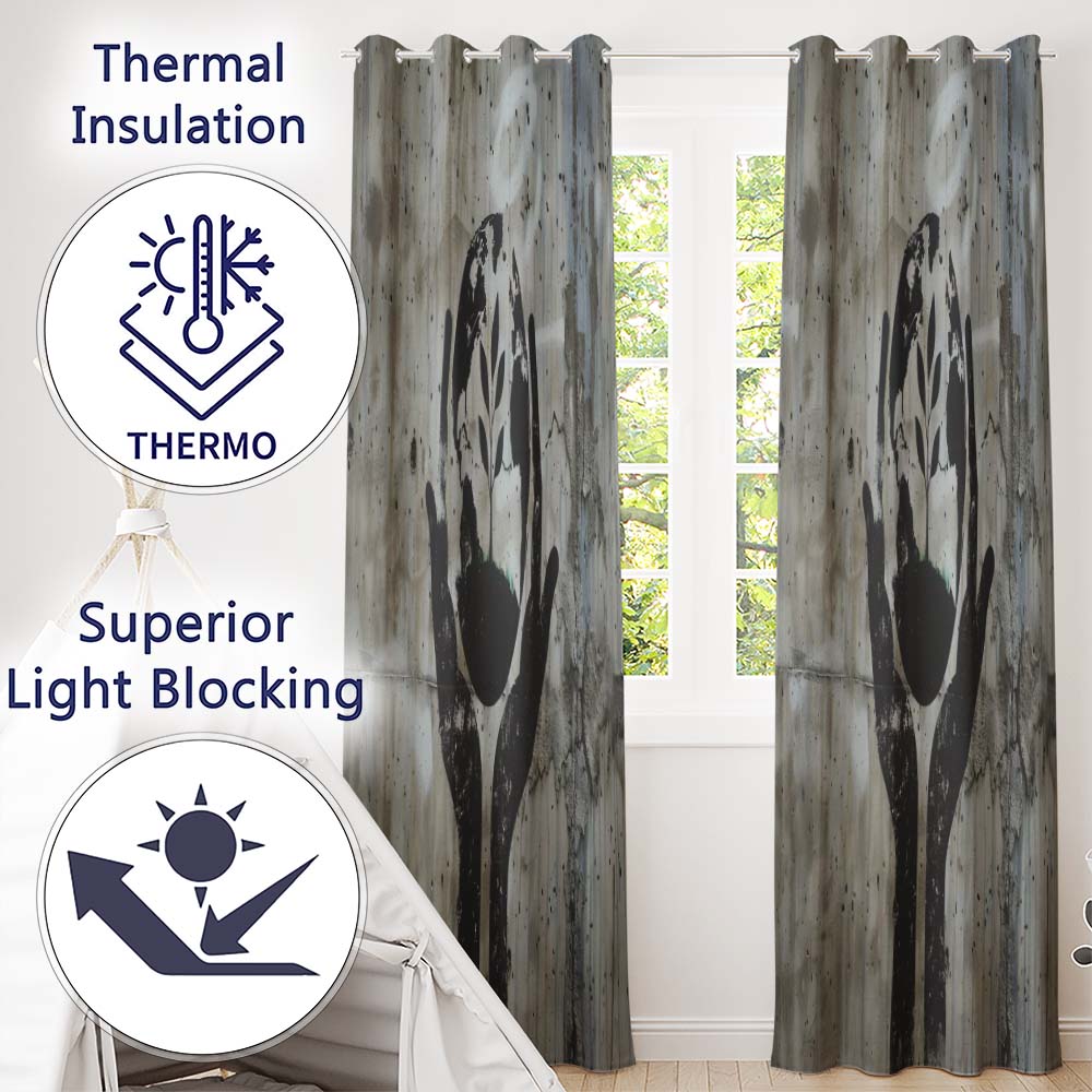 Hands Holding Earth Growing Plant Eco Stencil Art Distinctive Artistic Home Decor Readymade Eyelet Ring Top Thermal 100% Blackout Curtains