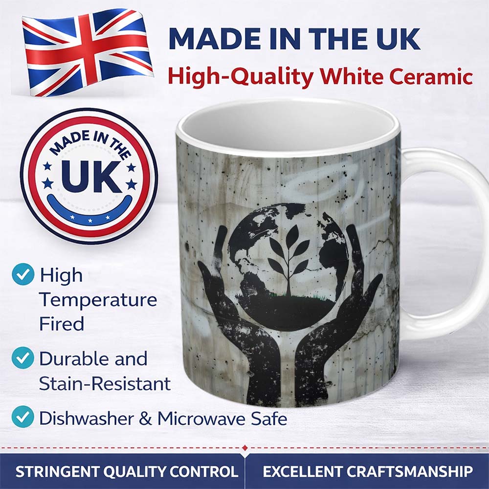 Hands Holding Earth Growing Plant Eco Stencil Art 11oz Ceramic Coffee Tea Mug White Large Handle
