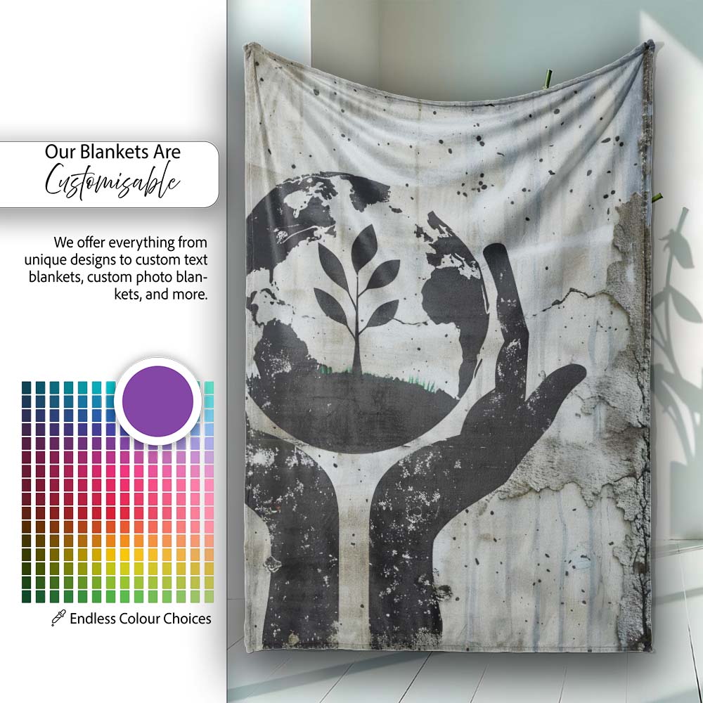 Hands Holding Earth Growing Plant Eco Stencil Art, All Season Comfort, Comfortable Everyday Use - Super Soft Fleece Blanket Bed Sofa Throw
