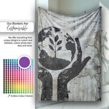 Hands Holding Earth Growing Plant Eco Stencil Art, All Season Comfort, Comfortable Everyday Use - Super Soft Fleece Blanket Bed Sofa Throw