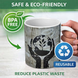 Hands Holding Earth Growing Plant Eco Stencil Art 11oz Ceramic Coffee Tea Mug White Large Handle
