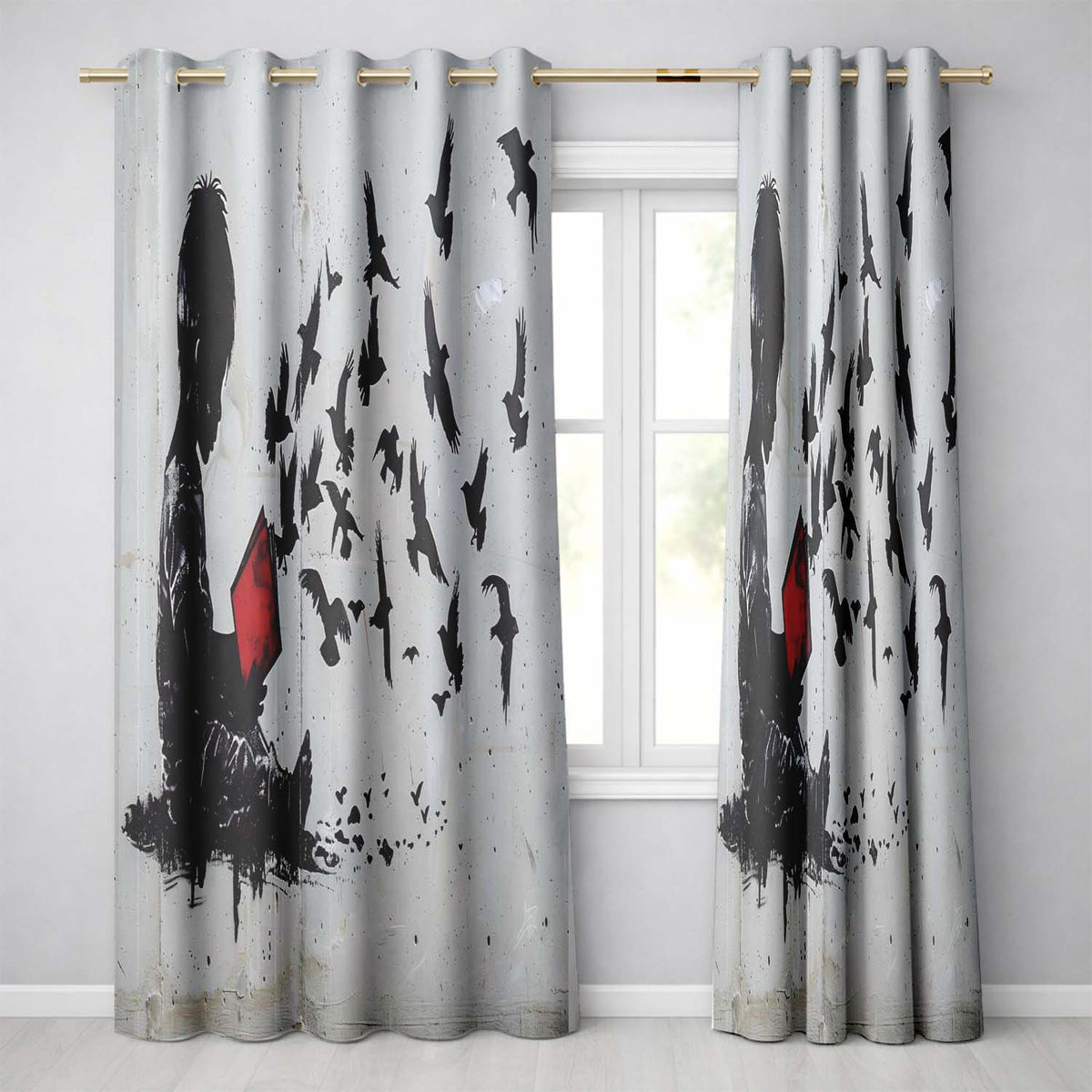 Boy Reading Red Book Flying Birds Stencil Art Bold Elegant Artwork for Home Decor Readymade Eyelet Ring Top Thermal 100% Blackout Curtains