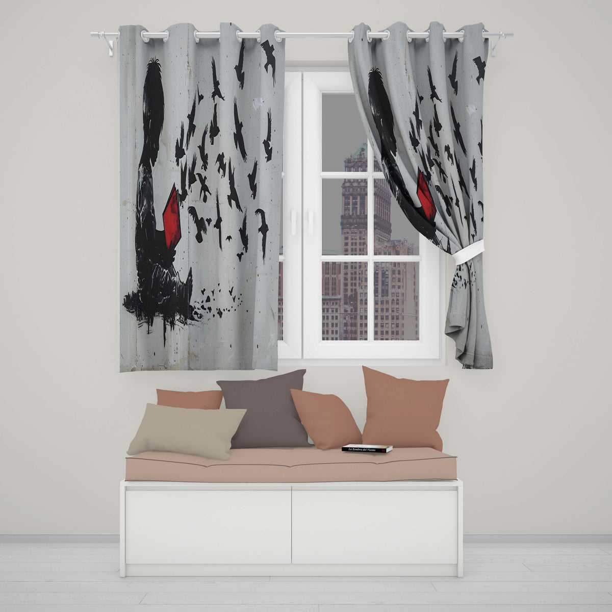 Boy Reading Red Book Flying Birds Stencil Art Bold Elegant Artwork for Home Decor Readymade Eyelet Ring Top Thermal 100% Blackout Curtains