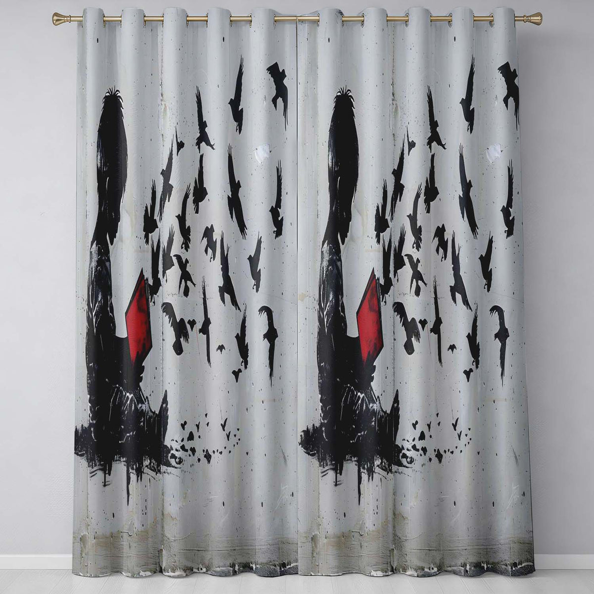 Boy Reading Red Book Flying Birds Stencil Art Bold Elegant Artwork for Home Decor Readymade Eyelet Ring Top Thermal 100% Blackout Curtains