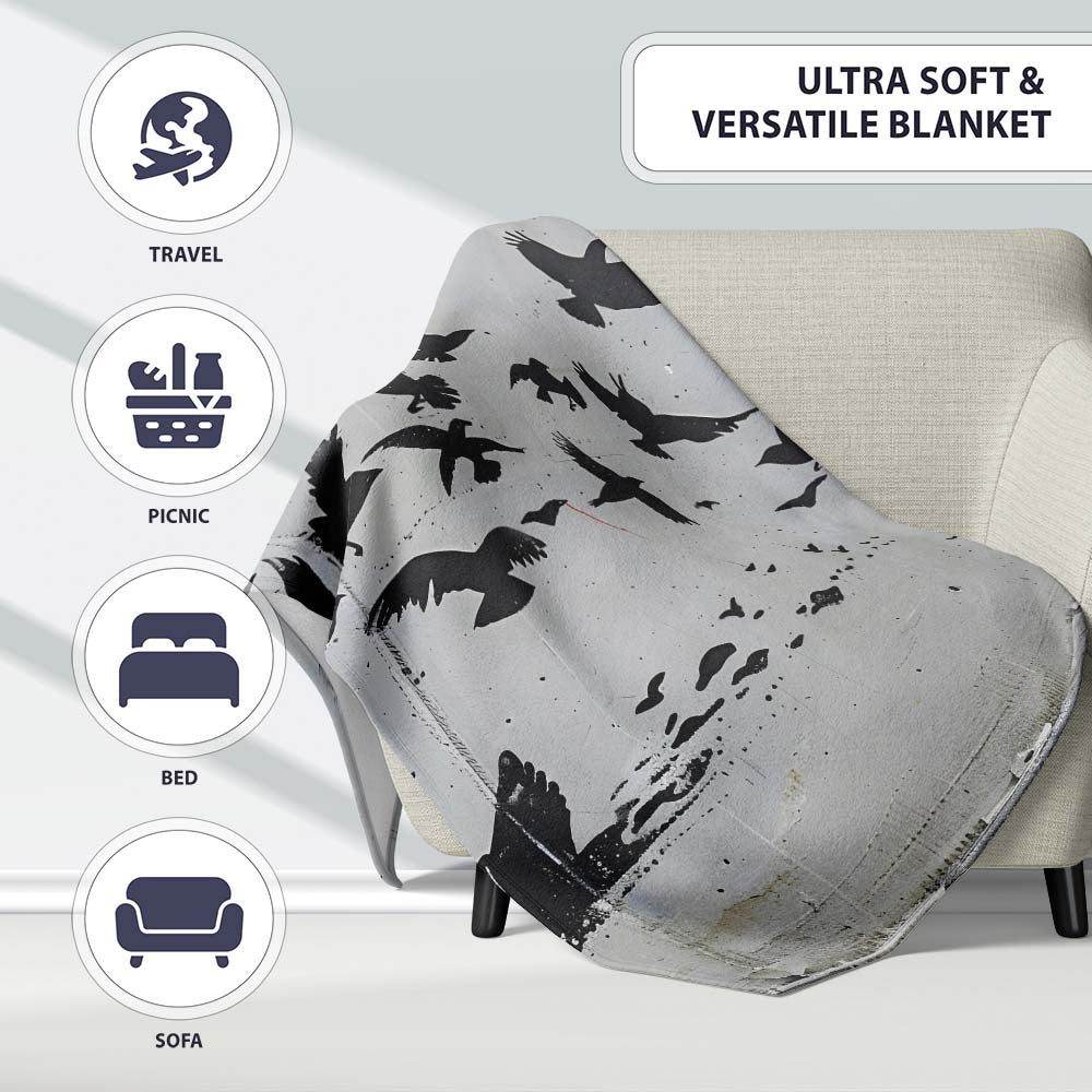 Boy Reading Red Book Flying Birds Stencil Art, All Season Comfort, Thoughtful Housewarming Gift - Super Soft Fleece Blanket Bed Sofa Throw