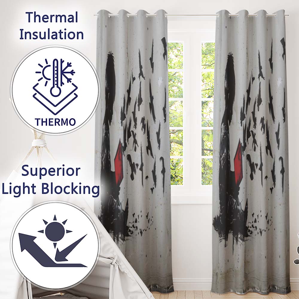 Boy Reading Red Book Flying Birds Stencil Art Bold Elegant Artwork for Home Decor Readymade Eyelet Ring Top Thermal 100% Blackout Curtains