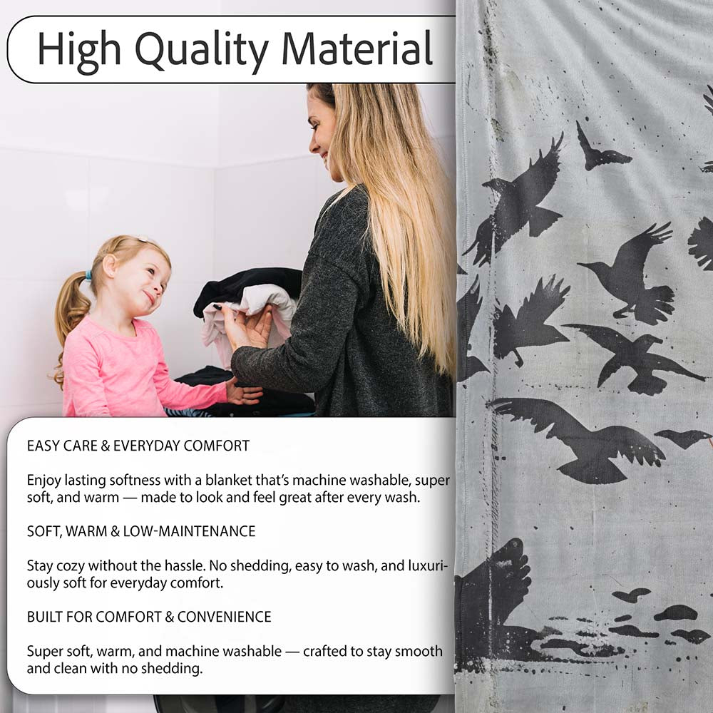 Boy Reading Red Book Flying Birds Stencil Art, All Season Comfort, Thoughtful Housewarming Gift - Super Soft Fleece Blanket Bed Sofa Throw
