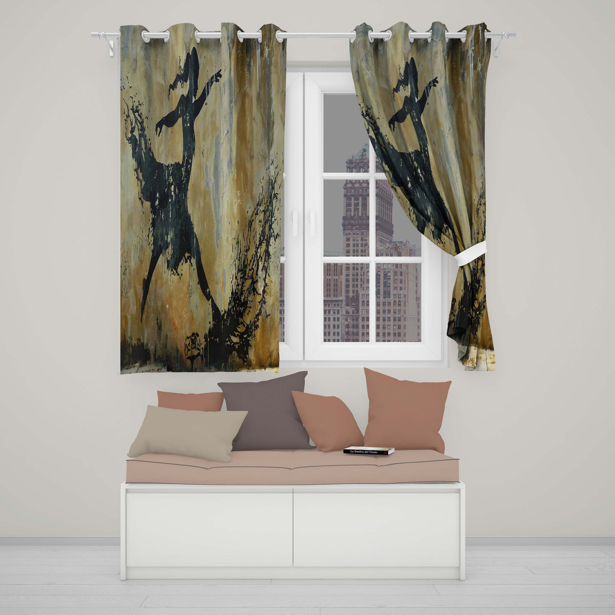 Dancing Ballerina Black Silhouette Gold Abstract Expressive Design for Home Decor Readymade Eyelet Ring Top Thermal 100% Blackout Curtains