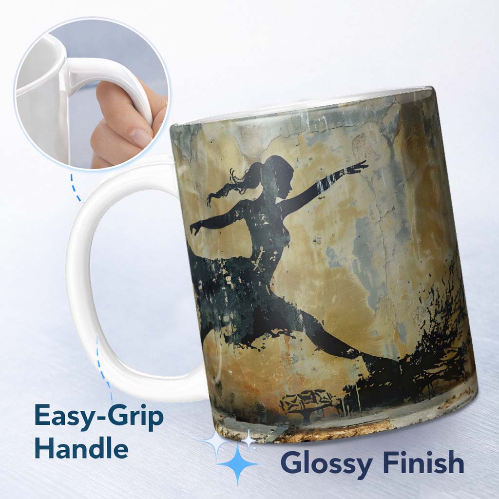 Dancing Ballerina Black Silhouette Gold Abstract 11oz Ceramic Coffee Tea Mug White Large Handle
