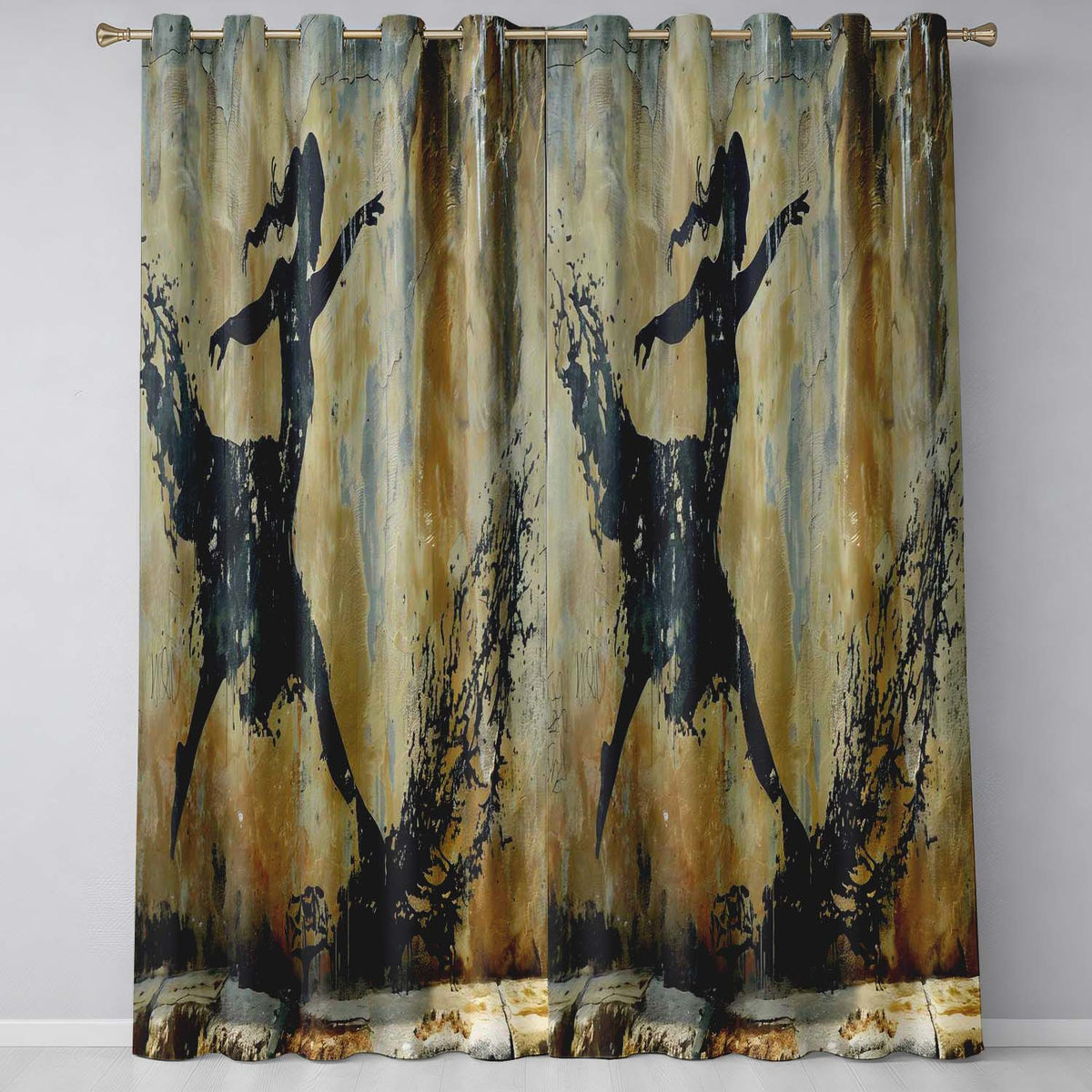 Dancing Ballerina Black Silhouette Gold Abstract Expressive Design for Home Decor Readymade Eyelet Ring Top Thermal 100% Blackout Curtains