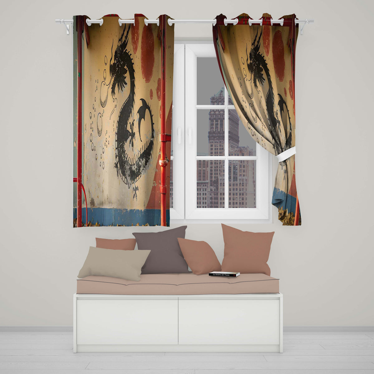 Black Dragon Red Sun Oriental Graffiti Artwork Contemporary Design for Home Decor Readymade Eyelet Ring Top Thermal 100% Blackout Curtains