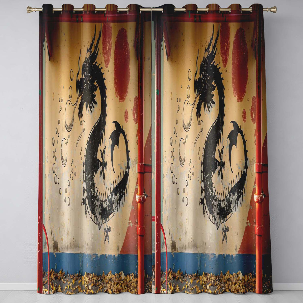 Black Dragon Red Sun Oriental Graffiti Artwork Contemporary Design for Home Decor Readymade Eyelet Ring Top Thermal 100% Blackout Curtains