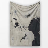 Girl Blowing Birds Black Silhouette Minimalist Art, All Season Comfort, Stylish Room Decoration - Super Soft Fleece Blanket Bed Sofa Throw