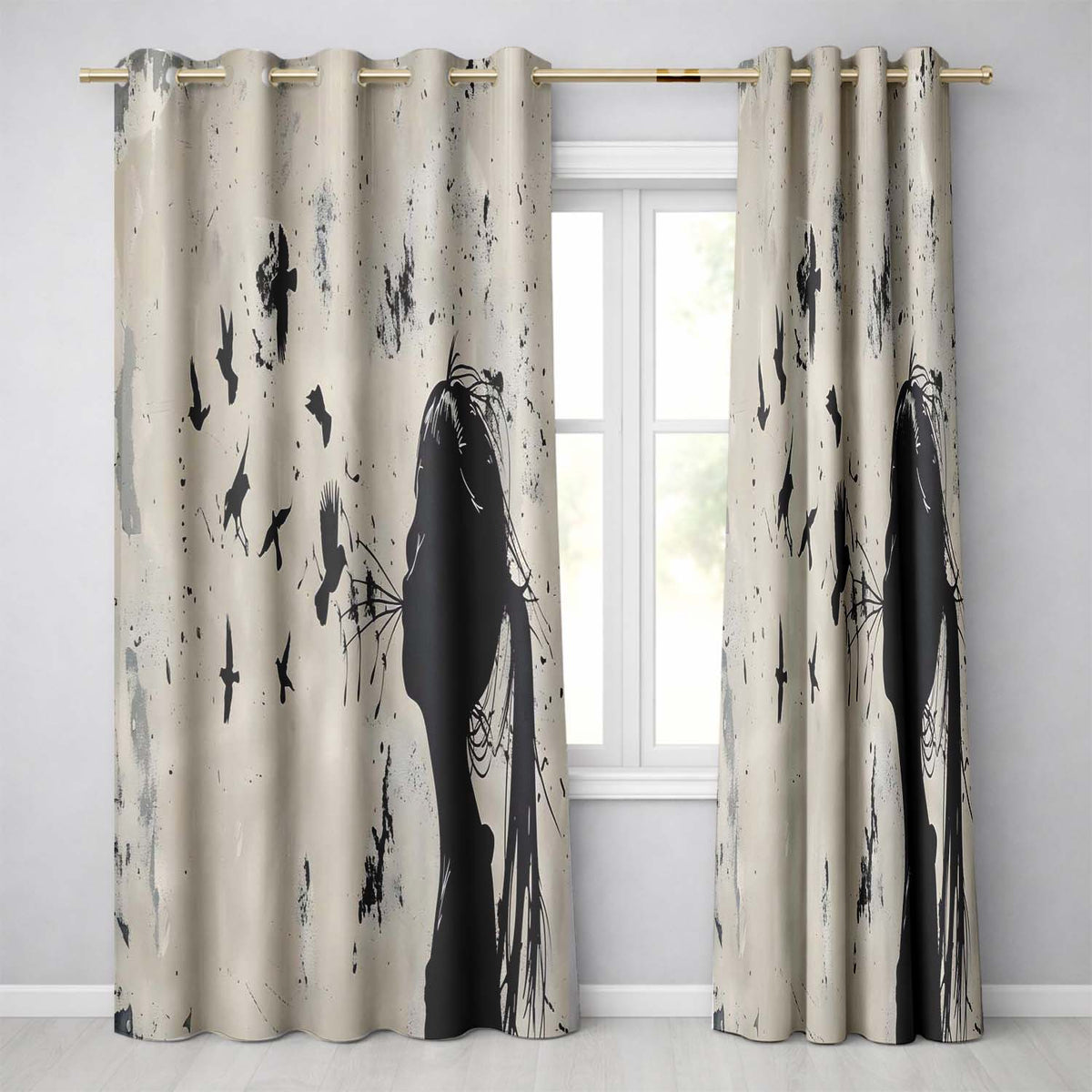 Girl Blowing Birds Black Silhouette Minimalist Art Bold Artwork for Bedroom Decor Readymade Eyelet Ring Top Thermal 100% Blackout Curtains