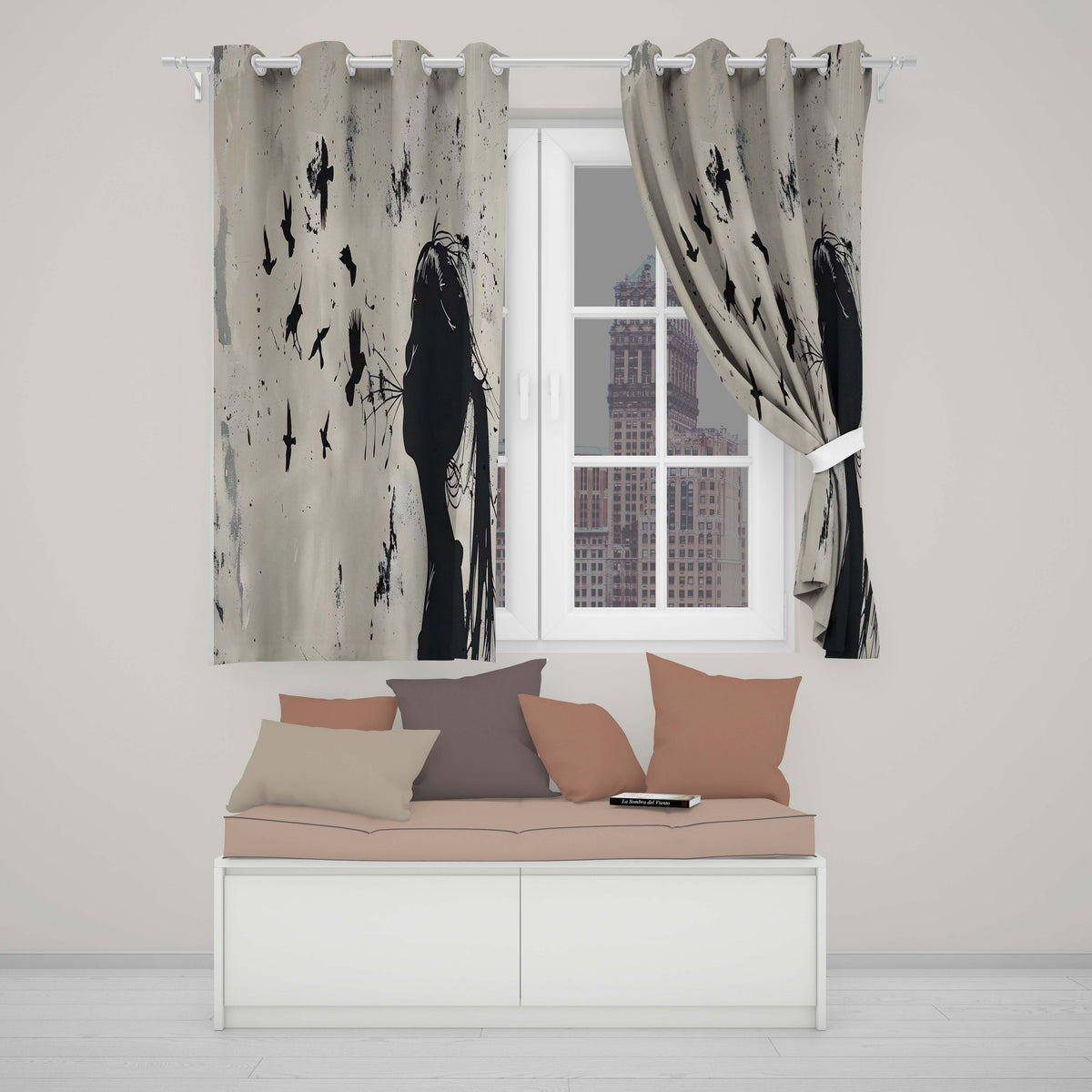 Girl Blowing Birds Black Silhouette Minimalist Art Bold Artwork for Bedroom Decor Readymade Eyelet Ring Top Thermal 100% Blackout Curtains