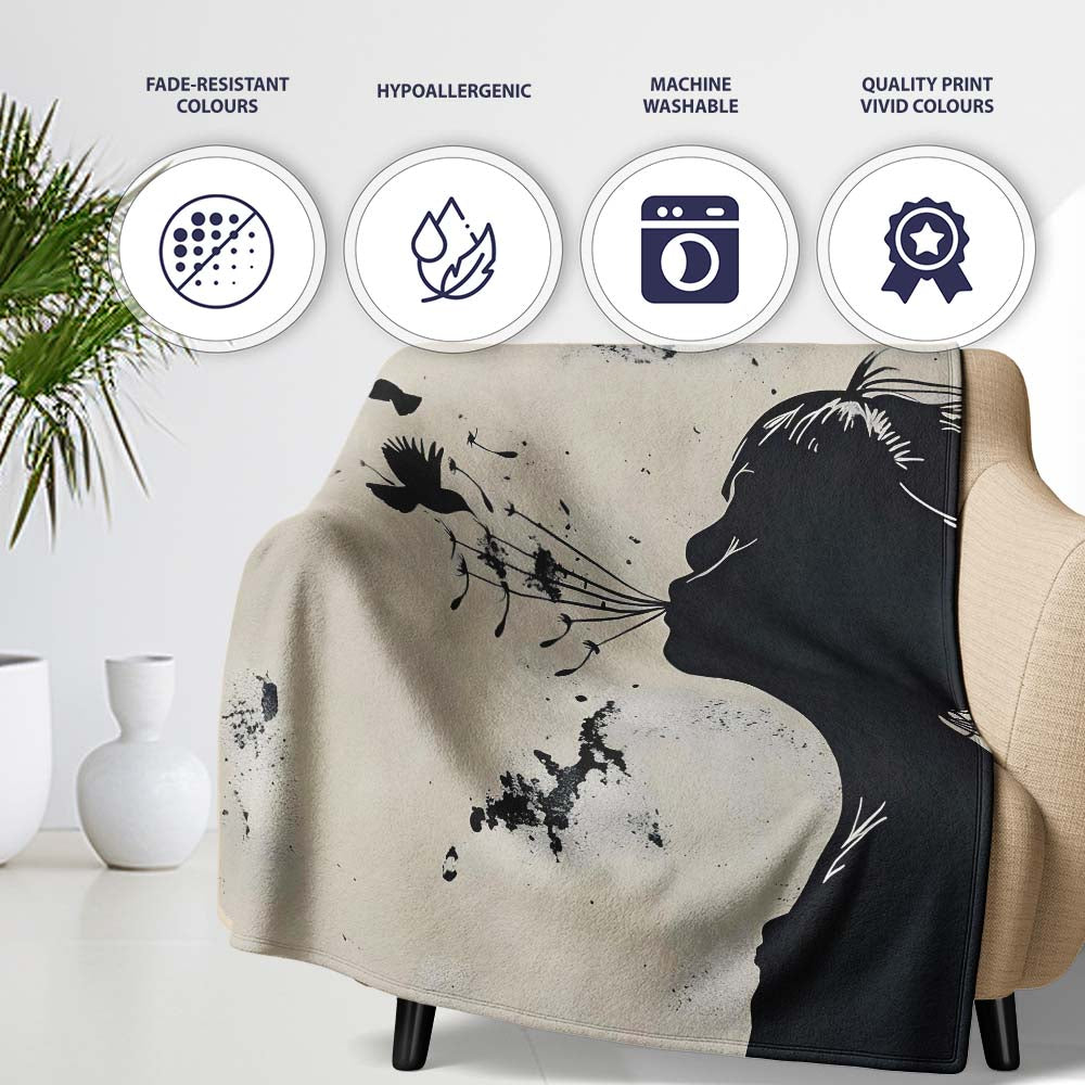 Girl Blowing Birds Black Silhouette Minimalist Art, All Season Comfort, Stylish Room Decoration - Super Soft Fleece Blanket Bed Sofa Throw