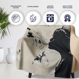 Girl Blowing Birds Black Silhouette Minimalist Art, All Season Comfort, Stylish Room Decoration - Super Soft Fleece Blanket Bed Sofa Throw