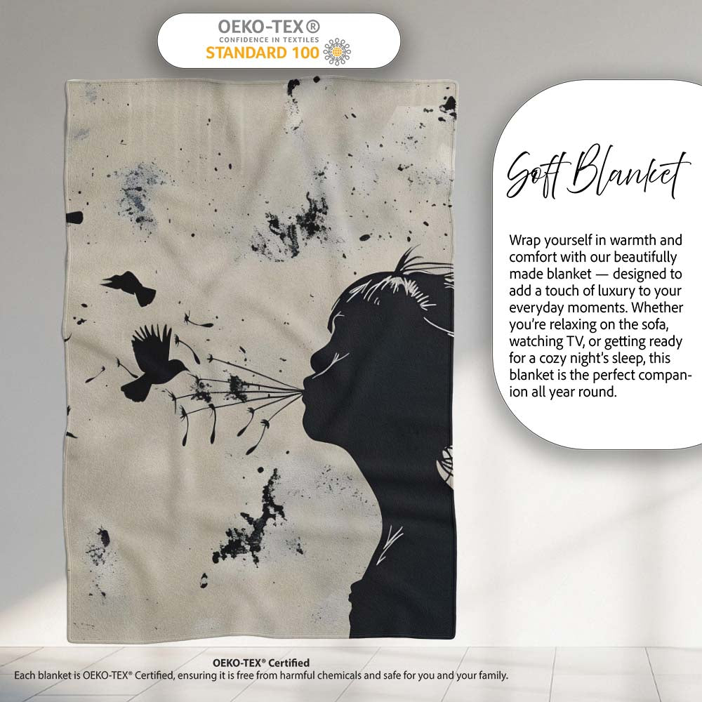 Girl Blowing Birds Black Silhouette Minimalist Art, All Season Comfort, Stylish Room Decoration - Super Soft Fleece Blanket Bed Sofa Throw