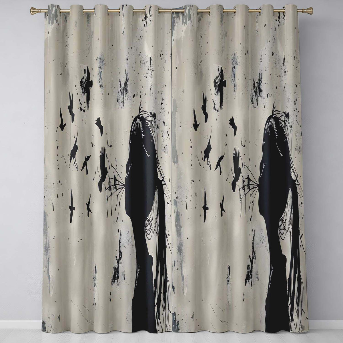 Girl Blowing Birds Black Silhouette Minimalist Art Bold Artwork for Bedroom Decor Readymade Eyelet Ring Top Thermal 100% Blackout Curtains
