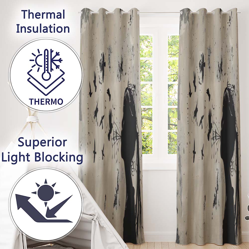 Girl Blowing Birds Black Silhouette Minimalist Art Bold Artwork for Bedroom Decor Readymade Eyelet Ring Top Thermal 100% Blackout Curtains