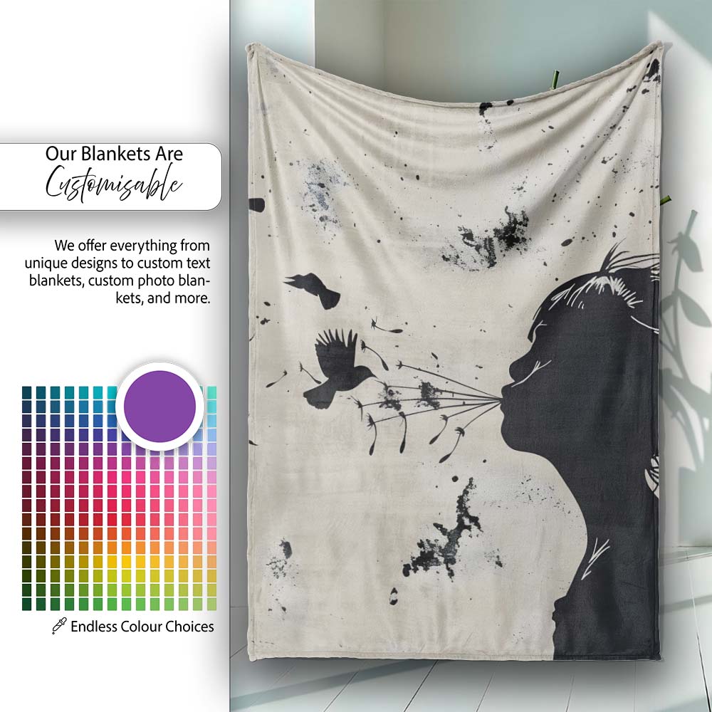 Girl Blowing Birds Black Silhouette Minimalist Art, All Season Comfort, Stylish Room Decoration - Super Soft Fleece Blanket Bed Sofa Throw