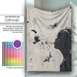 Girl Blowing Birds Black Silhouette Minimalist Art, All Season Comfort, Stylish Room Decoration - Super Soft Fleece Blanket Bed Sofa Throw