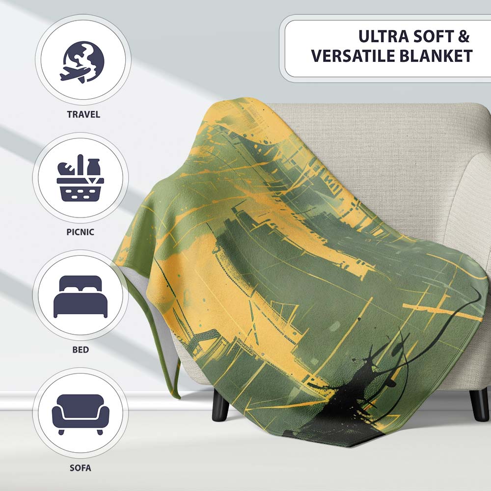 Urban Soldier Silhouette Green Yellow City Skyline, All Season Comfort, Stylish Room Decoration - Super Soft Fleece Blanket Bed Sofa Throw
