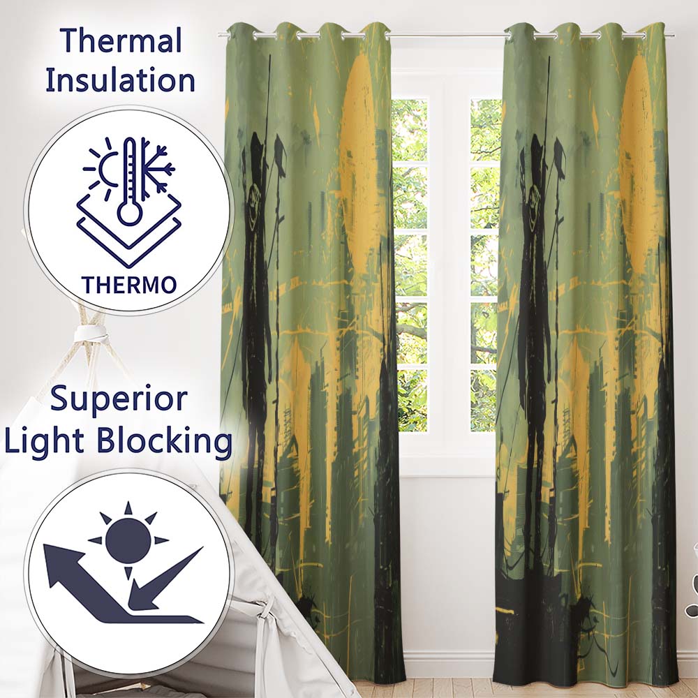 Urban Soldier Silhouette Green Yellow City Skyline Timeless Design for Home Decor Readymade Eyelet Ring Top Thermal 100% Blackout Curtains