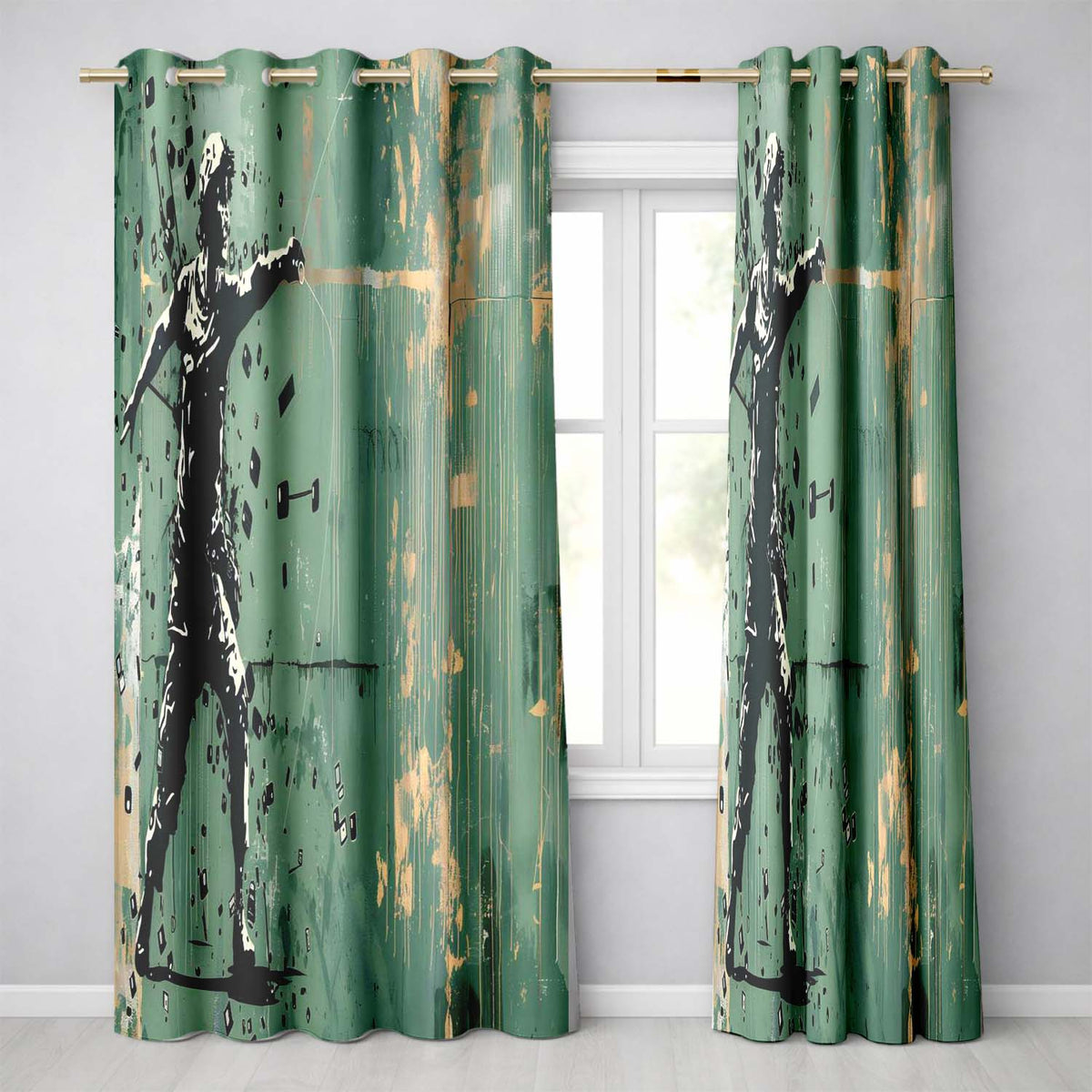 Green Urban Music Throwing Silhouette Graffiti Artistic Artwork for Bedroom Decor Readymade Eyelet Ring Top Thermal 100% Blackout Curtains