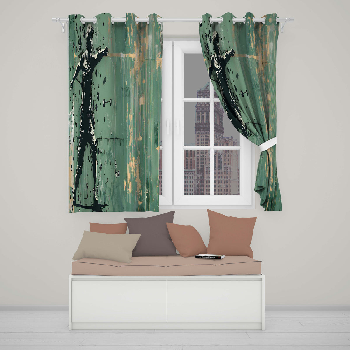 Green Urban Music Throwing Silhouette Graffiti Artistic Artwork for Bedroom Decor Readymade Eyelet Ring Top Thermal 100% Blackout Curtains