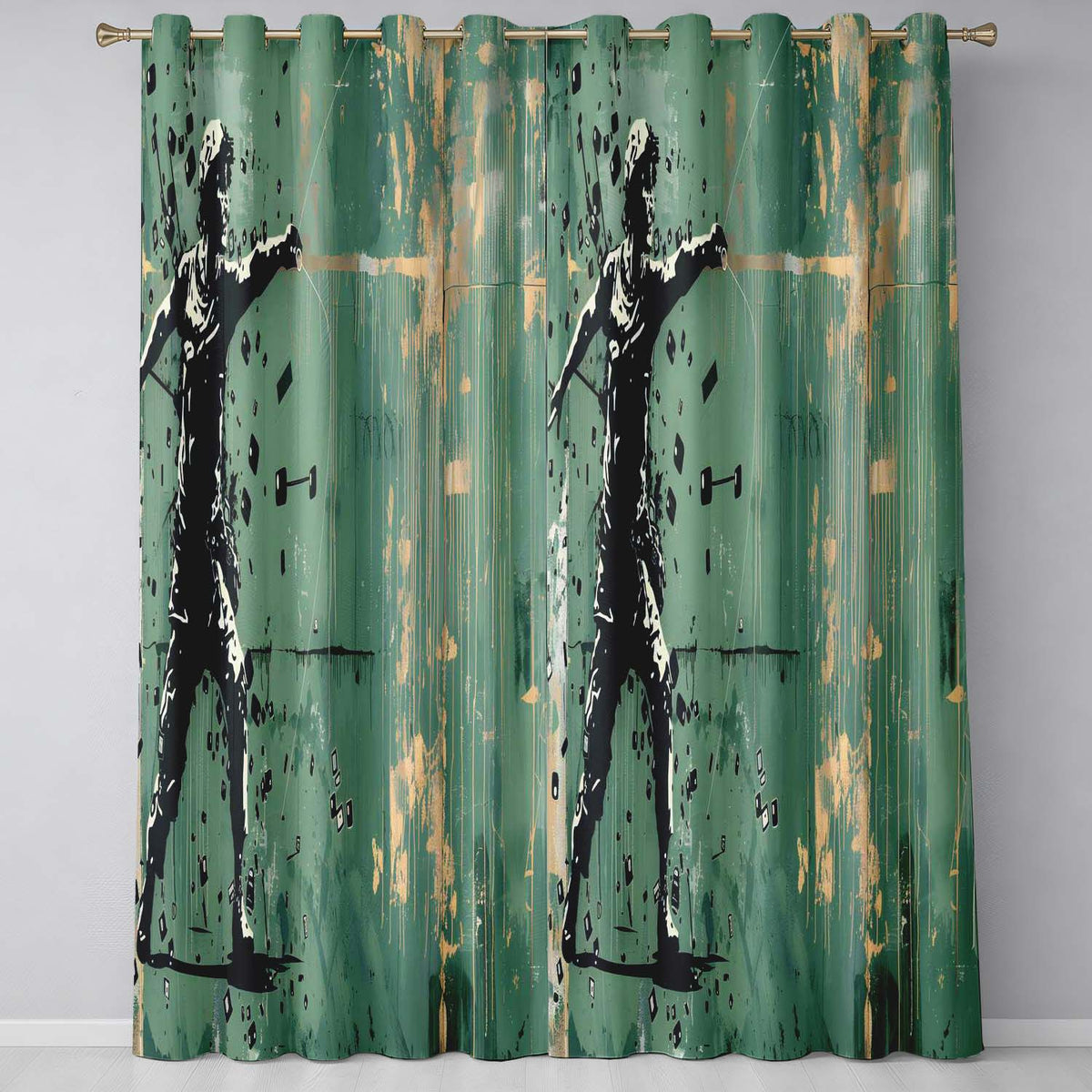 Green Urban Music Throwing Silhouette Graffiti Artistic Artwork for Bedroom Decor Readymade Eyelet Ring Top Thermal 100% Blackout Curtains