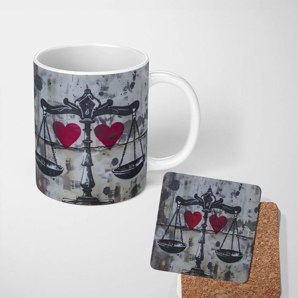 Black Scales Red Hearts Balance Graffiti Design 11oz Ceramic Coffee Tea Mug White Large Handle