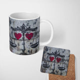 Black Scales Red Hearts Balance Graffiti Design 11oz Ceramic Coffee Tea Mug White Large Handle