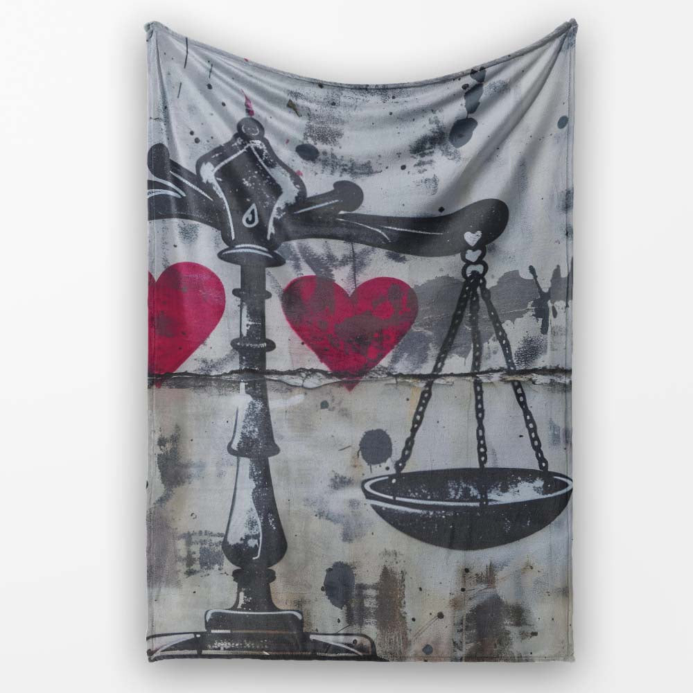 Black Scales Red Hearts Balance Graffiti Design, Bedroom Living Room Accent, All Season Comfort - Super Soft Fleece Blanket Bed Sofa Throw