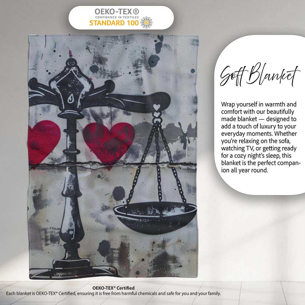 Black Scales Red Hearts Balance Graffiti Design, Bedroom Living Room Accent, All Season Comfort - Super Soft Fleece Blanket Bed Sofa Throw