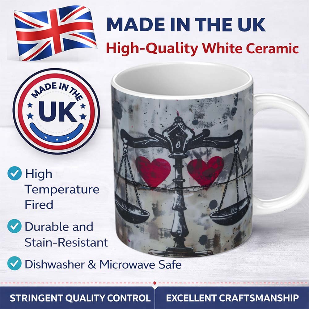 Black Scales Red Hearts Balance Graffiti Design 11oz Ceramic Coffee Tea Mug White Large Handle