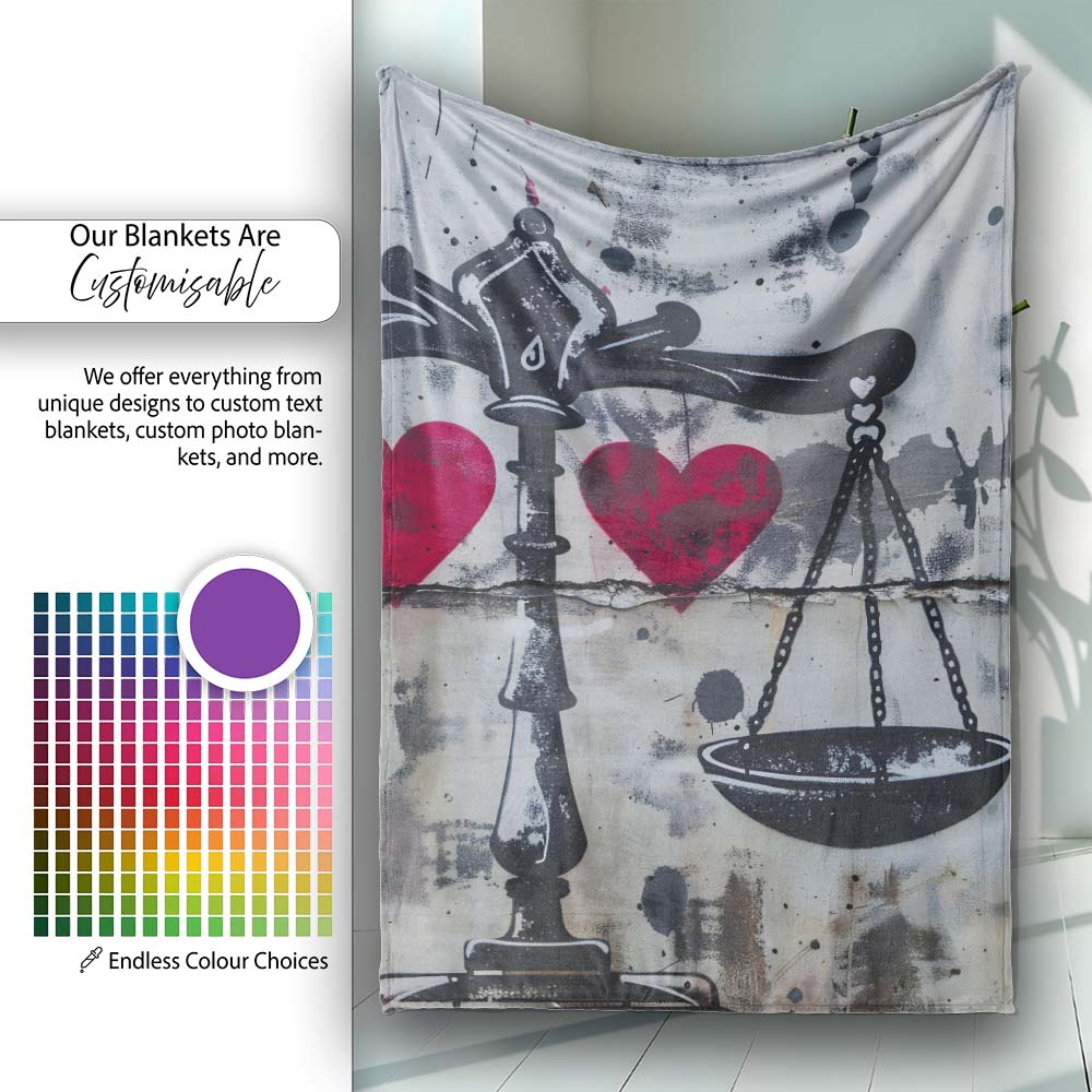 Black Scales Red Hearts Balance Graffiti Design, Bedroom Living Room Accent, All Season Comfort - Super Soft Fleece Blanket Bed Sofa Throw