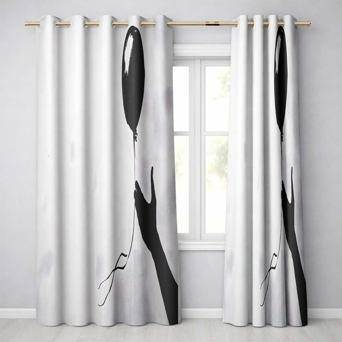 Black Balloon Hand Minimalist Monochrome Artwork Decorative Design for Home Decor Readymade Eyelet Ring Top Thermal 100% Blackout Curtains