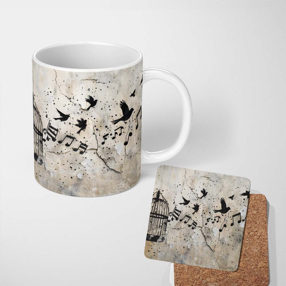 Flying Birds Music Cage Freedom Graffiti Artwork 11oz Ceramic Coffee Tea Mug White Large Handle