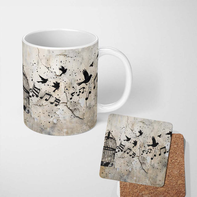 Flying Birds Music Cage Freedom Graffiti Artwork 11oz Ceramic Coffee Tea Mug White Large Handle