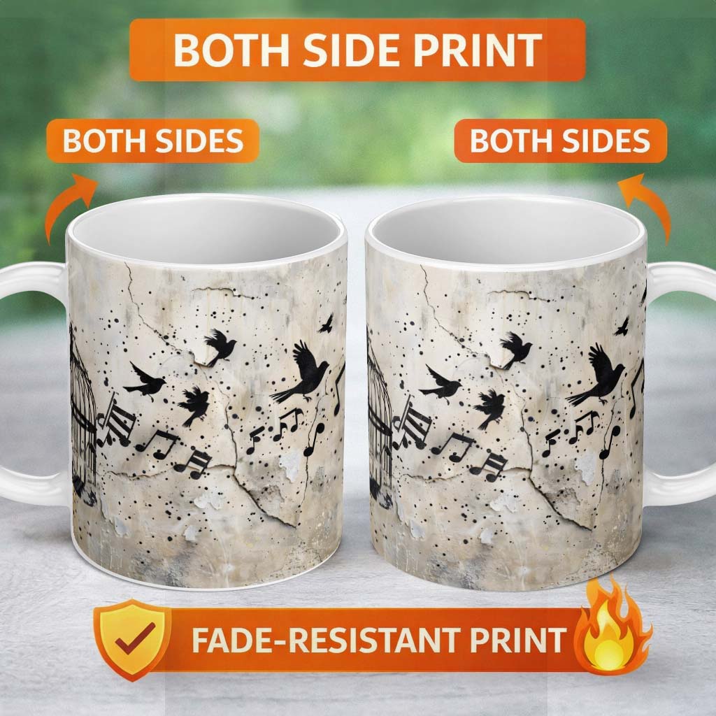 Flying Birds Music Cage Freedom Graffiti Artwork 11oz Ceramic Coffee Tea Mug White Large Handle