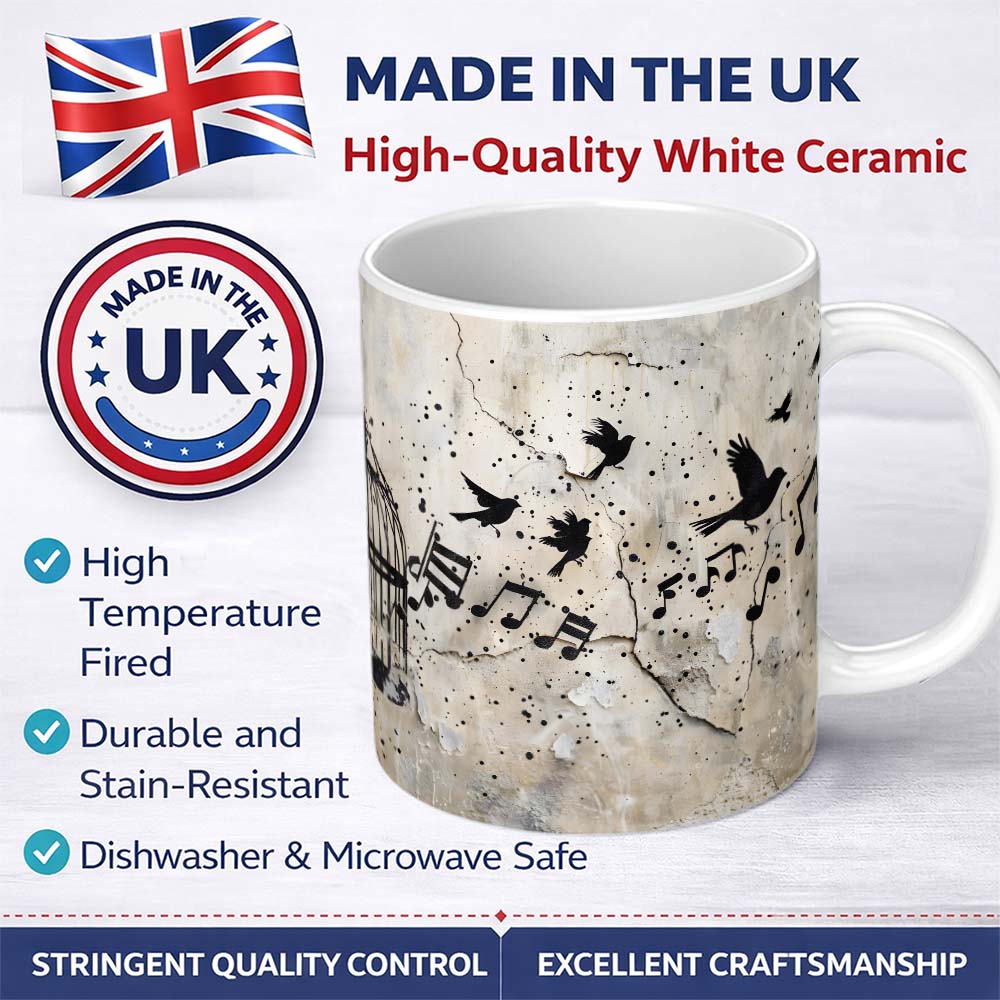 Flying Birds Music Cage Freedom Graffiti Artwork 11oz Ceramic Coffee Tea Mug White Large Handle