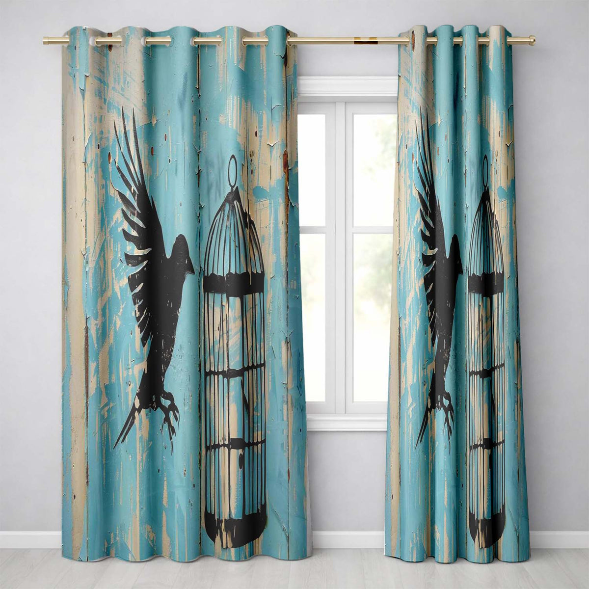 Blue Bird Escaping Open Cage Urban Stencil Art Striking Artwork for Bedroom Decor Readymade Eyelet Ring Top Thermal 100% Blackout Curtains