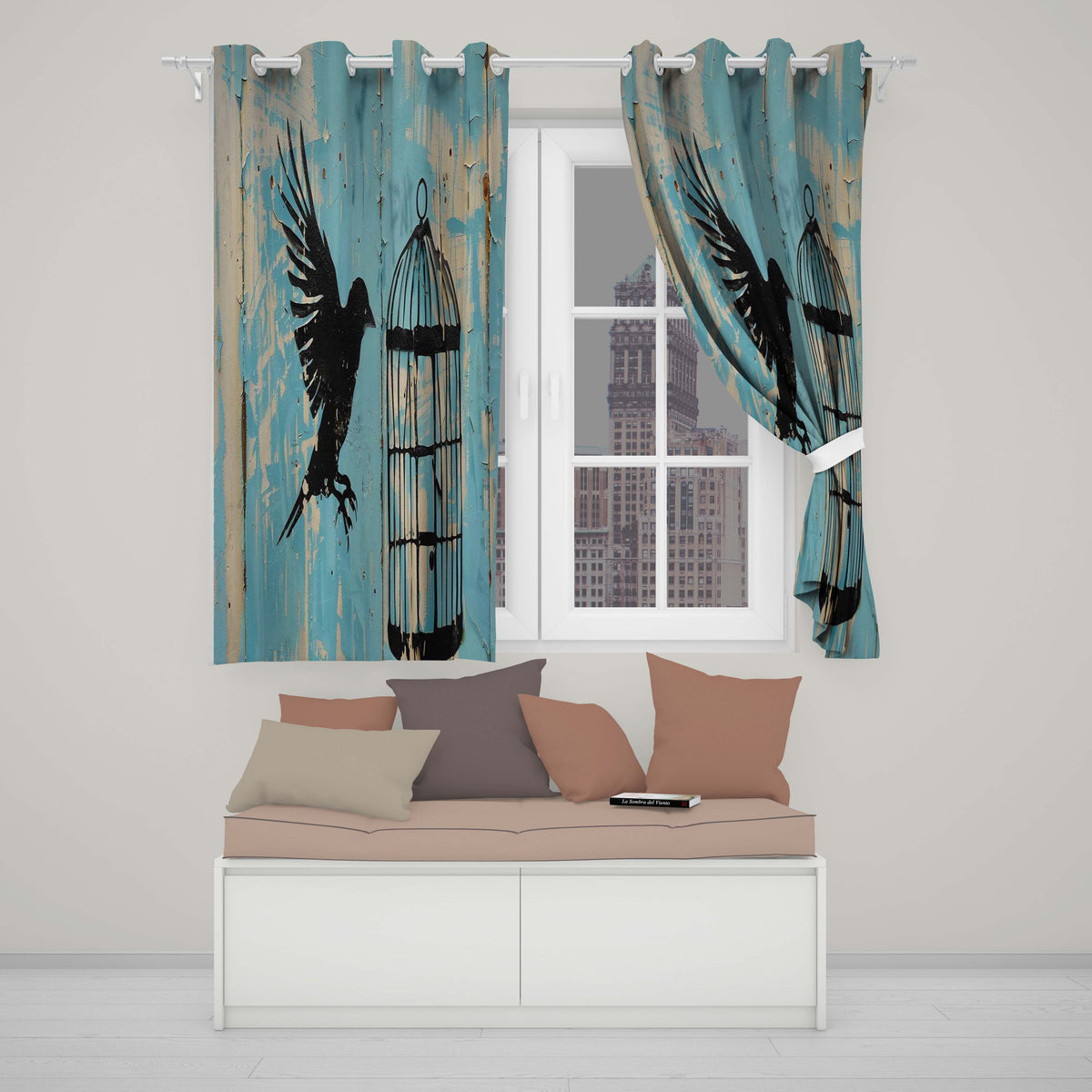 Blue Bird Escaping Open Cage Urban Stencil Art Striking Artwork for Bedroom Decor Readymade Eyelet Ring Top Thermal 100% Blackout Curtains