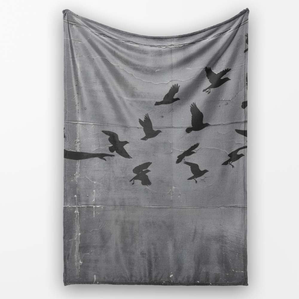 Woman Releasing Birds Grey Silhouette Street Art, All Season Comfort, Gift for Adults and Teens - Super Soft Fleece Blanket Bed Sofa Throw